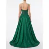 Rear view of the Barbara Hunter Green stretch satin ball gown showcasing the open back with thin spaghetti straps, exquisite beaded and embroidered lace appliqué details continuing from the front, and the full sweep of the luxurious skirt with subtle train.