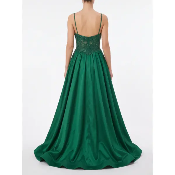 Rear view of the Barbara Hunter Green stretch satin ball gown showcasing the open back with thin spaghetti straps, exquisite beaded and embroidered lace appliqué details continuing from the front, and the full sweep of the luxurious skirt with subtle train.