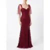 Front view of the Joanna Burgundy Embroidered Tulle Mermaid Gown featuring a sweetheart neckline, intricate floral lace appliqués with delicate beading and sequins throughout the fitted bodice and hips, a thigh-high slit, and dramatic detachable burgundy tulle flutter sleeves on a model.