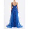 Back view of the Anne Royal Blue Embroidered Tulle A-Line Gown showcasing a deep V-back with delicate spaghetti straps, exquisite beaded floral lace appliques cascading down the fitted bodice and skirt, and a dramatic layered tulle overskirt with sweep train for regal elegance.