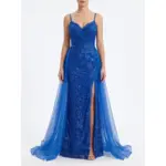 Model wearing the Anne Royal Blue Embroidered Tulle A-Line Gown featuring a sweetheart neckline with delicate spaghetti straps, intricate floral beaded embroidery on the bodice and skirt, a seductive high slit, and a flowing sheer tulle overskirt that creates ethereal movement.