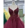 Crystal Burgundy Embellished Tulle Ball Gown - Bodice & Neckline Detail