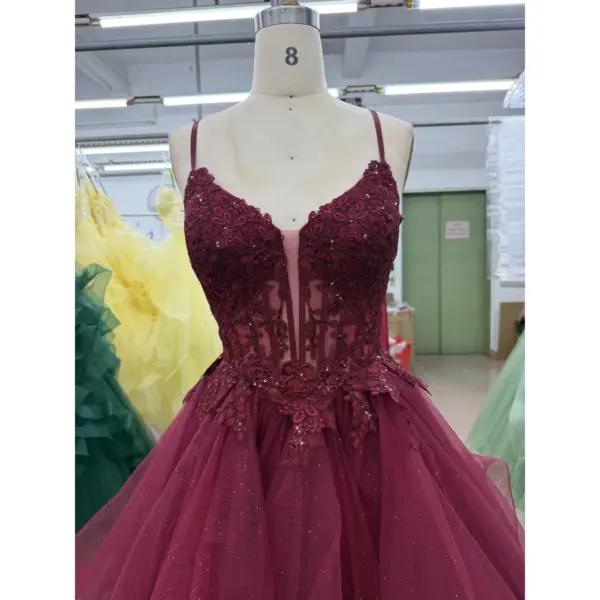 Crystal Burgundy Embellished Tulle Ball Gown - Bodice & Neckline Detail