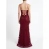 Back view of the Donatella Burgundy Embroidered Tulle Sheath Gown showcasing an open corset-style lace-up back with crisscross straps, intricate embroidered tulle detailing, and a fluid floor-length skirt with high slit.