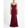 Front view of the Donatella Burgundy Embroidered Tulle Sheath Gown featuring a delicate sweetheart neckline, spaghetti straps, and intricate floral embroidered tulle with sparkling beadwork over a figure-skimming silhouette with a seductive high slit.