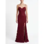 Front view of the Donatella Burgundy Embroidered Tulle Sheath Gown featuring a delicate sweetheart neckline, spaghetti straps, and intricate floral embroidered tulle with sparkling beadwork over a figure-skimming silhouette with a seductive high slit.