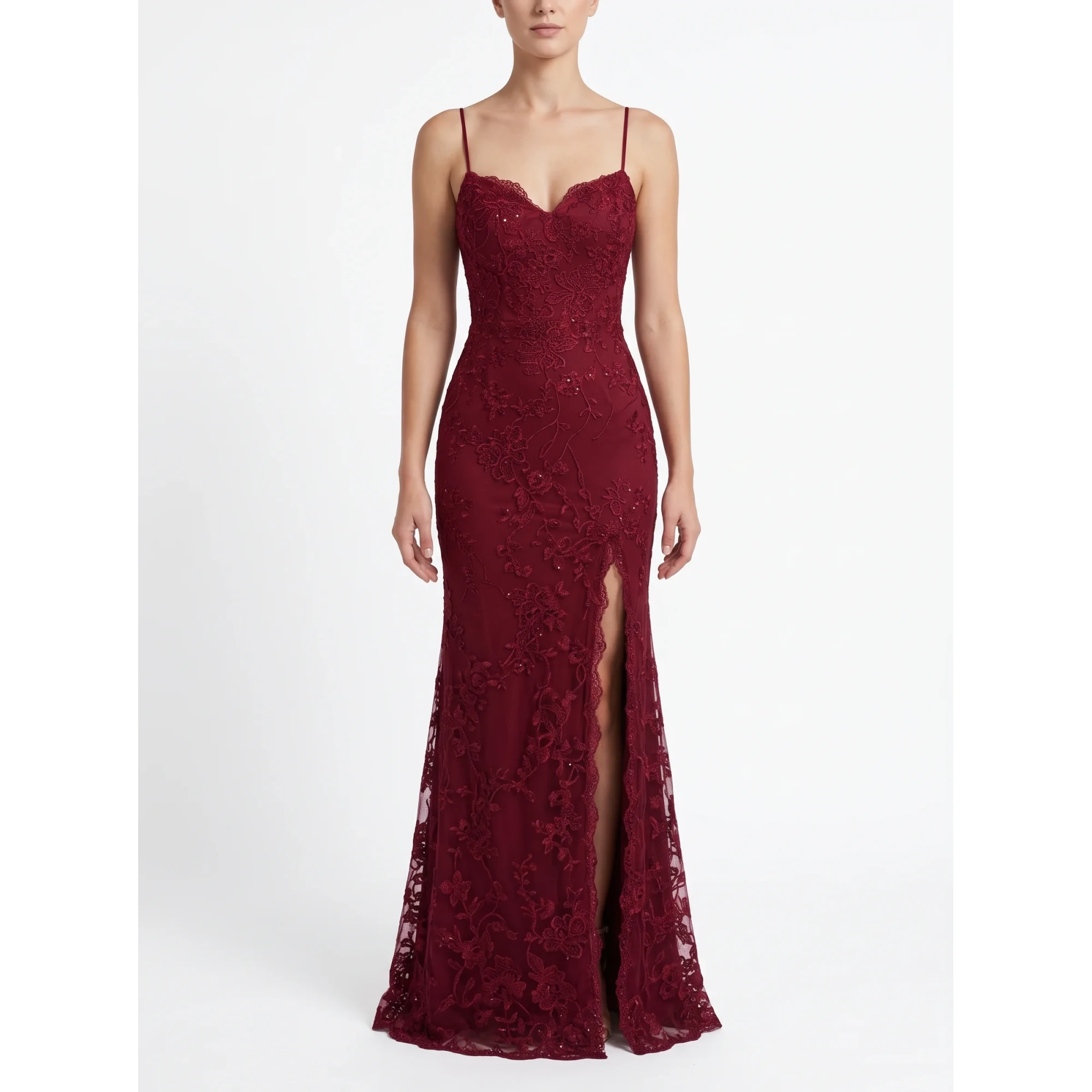 Donatella Burgundy Embroidered Tulle Sheath Gown in Burgundy