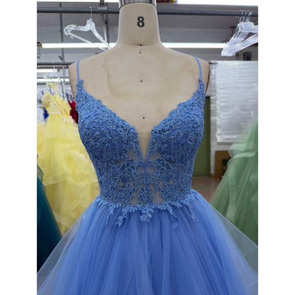 Gianna Sky Blue Lace Applique Tulle Ball Gown - Bodice & Neckline Detail